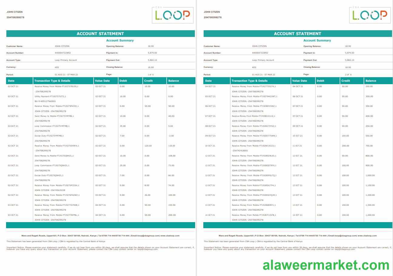 Kenya CBA Loop bank statement 6 pages